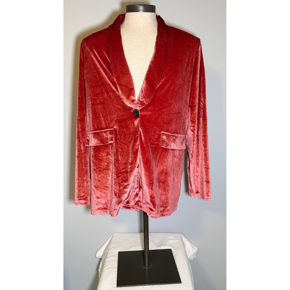 Women Red Velvet Shawl Collar Blazer Single Button Flap Pockets Size XXL